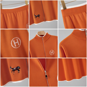 Completo Donna Due Pezzi Autunno Inverno Maglione Lavorato a Maglia con Ricamo Cavallo e Vestito Lungo Casual Tinta Unita - Product Image 3