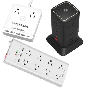 usa 15A flat plug 6-8 outlets tower usb smart socket power strip surge protector