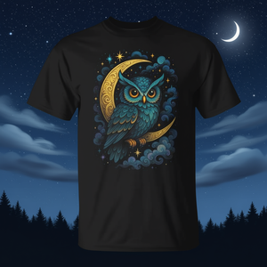 Camiseta colorida mística cósmica con diseño de búho, luna, estrellas y noche - Product Image 3