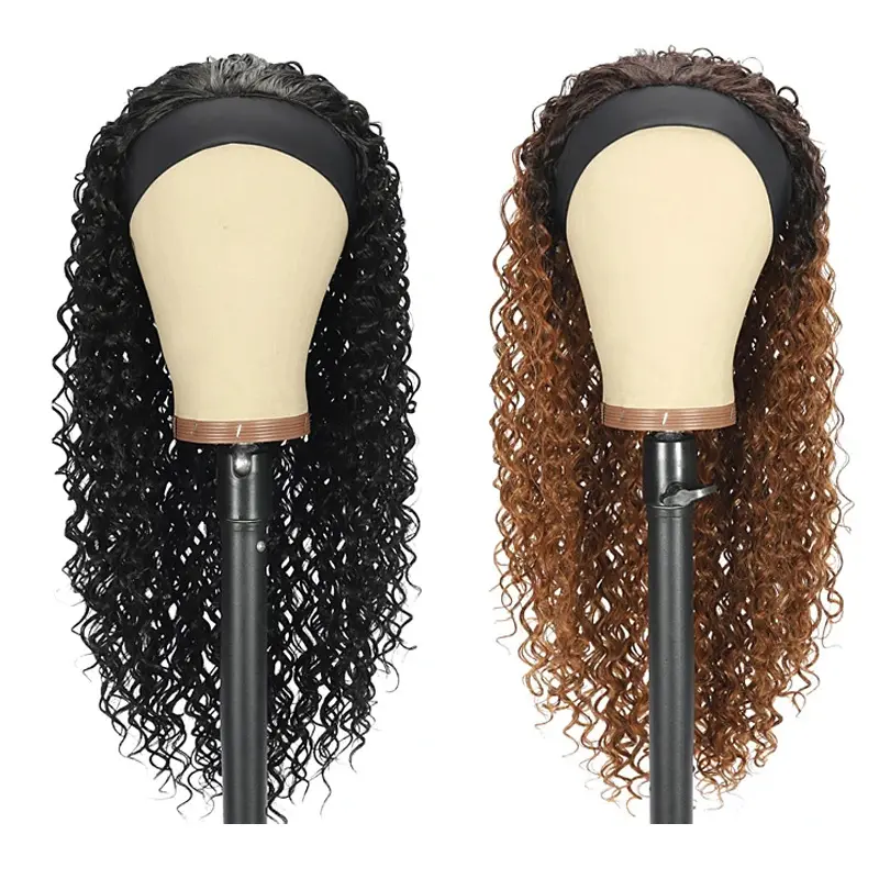 Wholesale european long ombre small roll deep curly gradient brown afro synthetic headband wig for black women