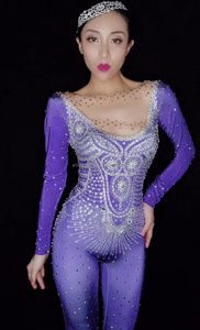 <span class=keywords><strong>Mono</strong></span> de manga larga con diamantes de imitación para mujer, traje sexy de escenario, color morado, DjDs guest gogo - Product Image 2