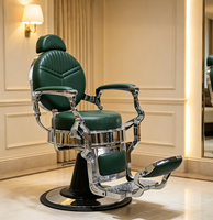 Fauteuil de barbier de luxe rétro vert avec coutures, inclinable hydrauliquement et pivotant, pour salon de coiffure
