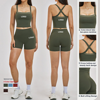 Set Celana Pendek Yoga Dua Potong Wanita, Bra Olahraga Pinggang Tinggi, Pakaian Aktif untuk Fitness