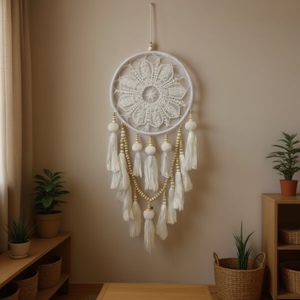 Acchiappasogni 21 cm in pizzo bianco con nappe e perline, decorazione da parete per la casa - Product Image 2