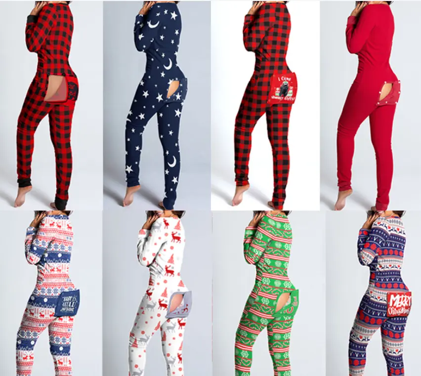 Langarm sexy Stram pler für Frauen Weihnachts pyjama mit Hintern klappe