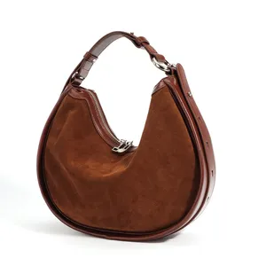 New suede genuine leather women's handbag Half Moon bag Design retro luxury high quality frosted cowhide ladies shoulder bag