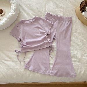 Tenue deux pièces pour enfants filles, couleur unie, avec cordon de serrage, manches courtes, pantalon évasé, pour le printemps et l'automne - Product Image 6