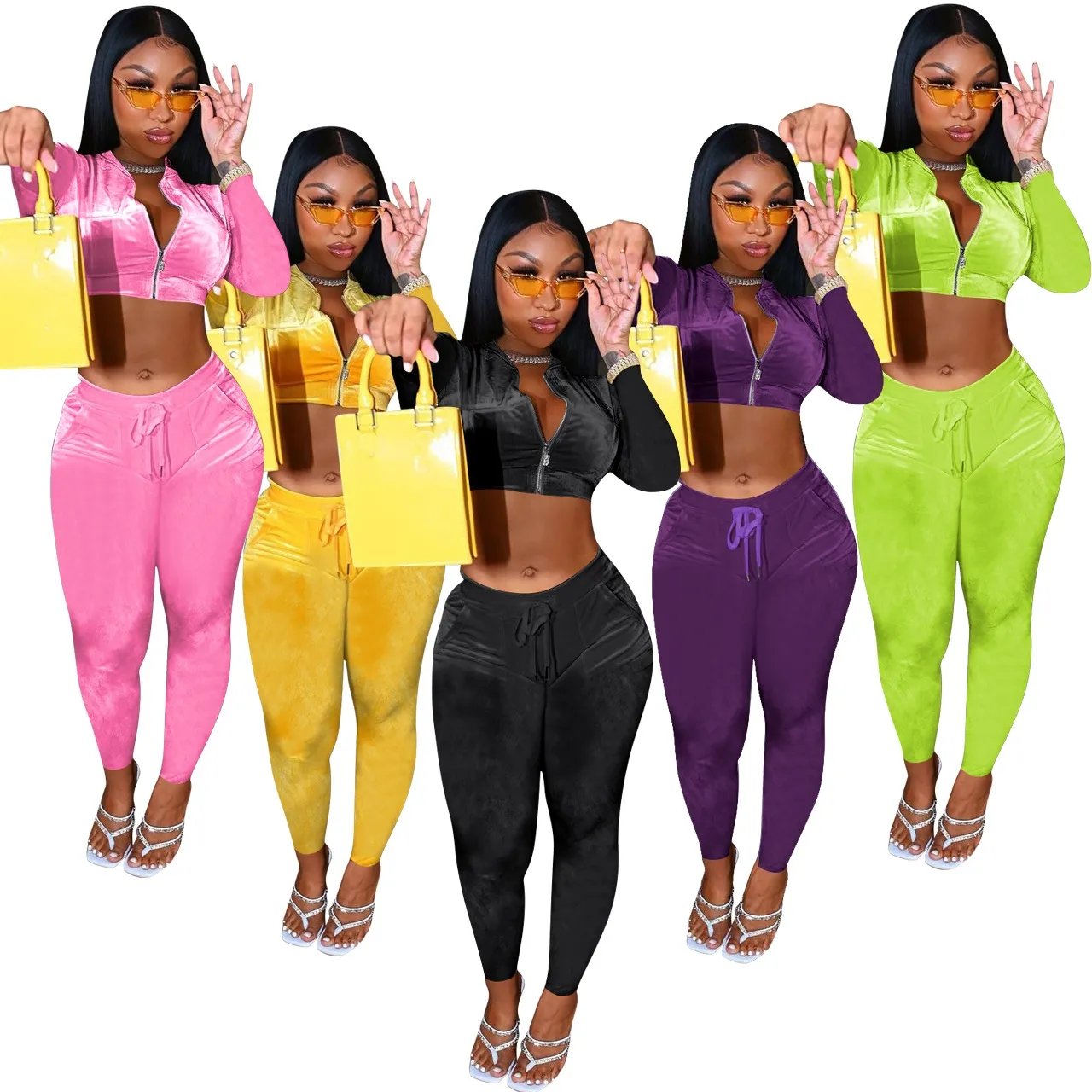 Nuovo Set da donna colorato in due pezzi a manica lunga Sexy Crop Full zip e tasche pantaloni Skinny Set velluto