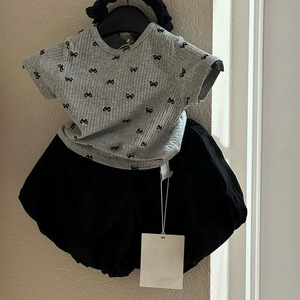 Girls Two Piece Set Grey T-Shirt Black Skirt Cotton Summer Outfit For Kids - Product Image 2