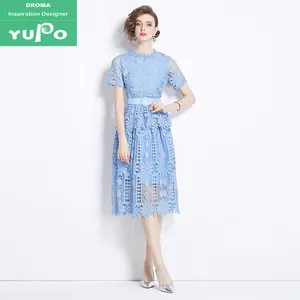 Drroma 2024 model baru musim panas pelangsing fashion elegan lengan pendek renda desain biru manis untuk gaun