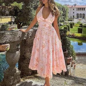 เดรสลำลองผ้าเรยอนวอยล์ลายดอกไม้คุณภาพสูงสำหรับผู้หญิงช่วงฤดูร้อน คอวีลึกแบบผูกคอ สั่งตัดได้ ผ้าเรยอน 100% - Product Image 2