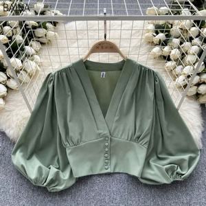 Nuevas camisas elegantes para mujer <span class=keywords><strong>con</strong></span> cuello en V, blusa <span class=keywords><strong>con</strong></span> pliegues de manga larga, <span class=keywords><strong>blusas</strong></span> versátiles de verano para mujer - Product Image 6