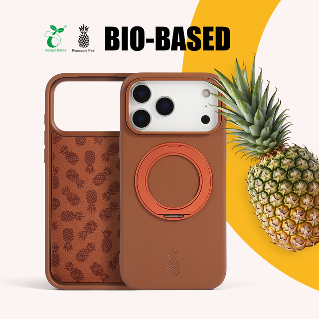 iphone 17 Pro Max Magnetic Phone Case, Eco Friendly Pineapple Peel Fiber Phone Case with 360° Rotating Ring Metal Kickstand