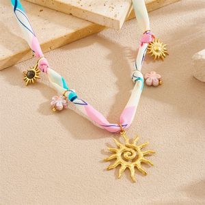 Floral Sun Pendant Necklace Tie Dye Fabric Knotted Chain Gold Plated Tiger Eye Stone Party Fashion Jewelry - Product Image 3