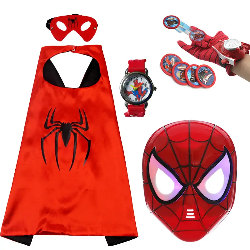 Spider-man Cape Luminous Mask Halloween children cartoon toy anime launcher Glove watch set