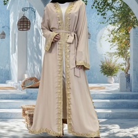 Soldes 9.9 : Abaya Modeste pour Femme, Nida Luxe, Polyester Respirant, Bordure Dentelle Dorée, Petit Fente Bas, Cardigan Noble, Musulman Islamique