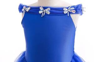 Robe de bal en tulle pour enfants, costume de cosplay d'Halloween, robe de princesse bleue à épaules dénudées avec papillons pour filles - Product Image 3