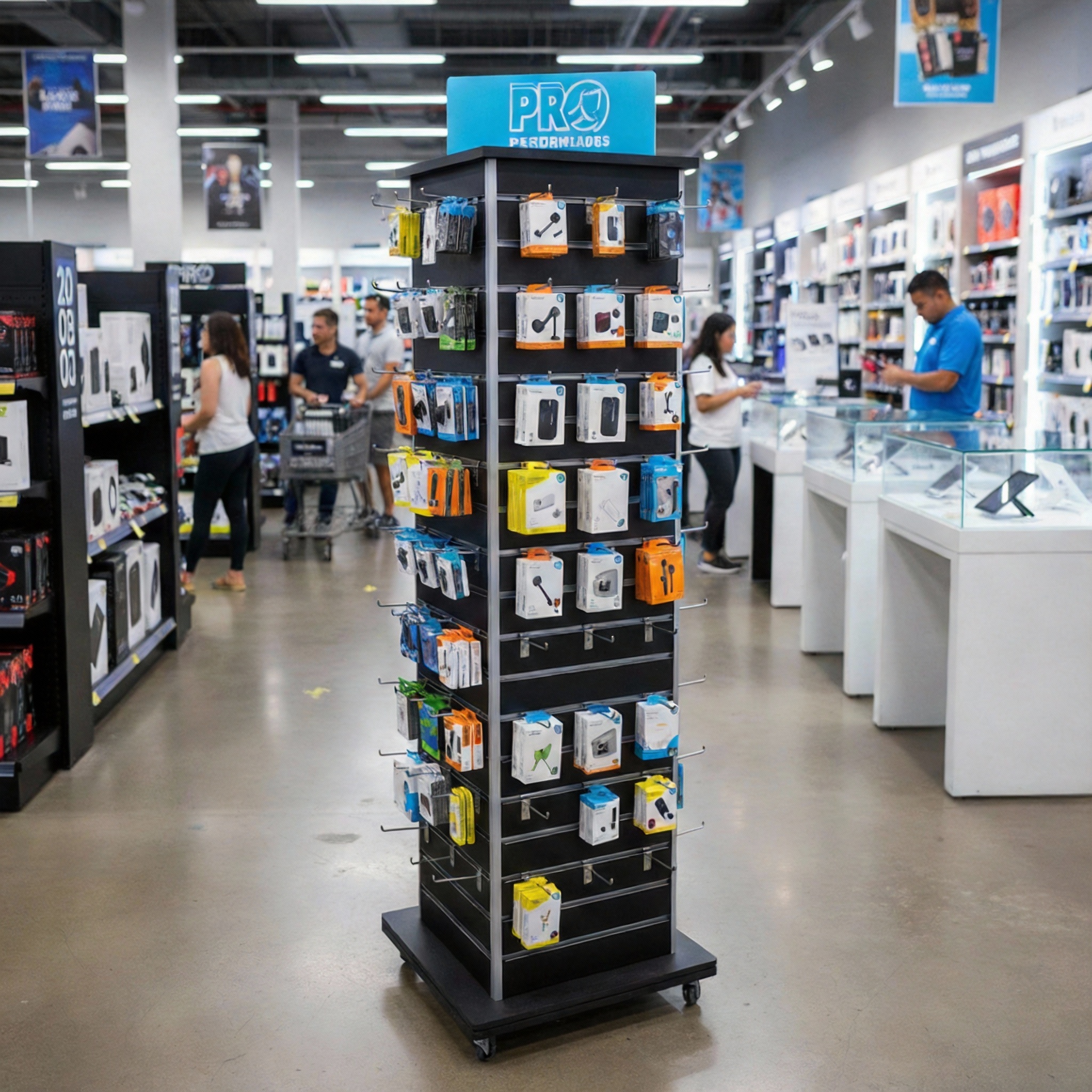 Apache Custom Floor Standing Mobile Phone Accessories Display Stand – Double-Sided Rolling Metal Pegboard Rack for Retail Stores