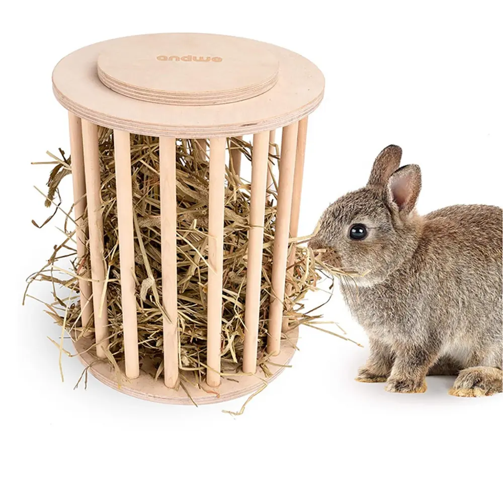 custom wood Hay Feeder Cylindrical Stand Feeding Manager with Cover for Guinea Pig Rabbit Chinchilla Bunny