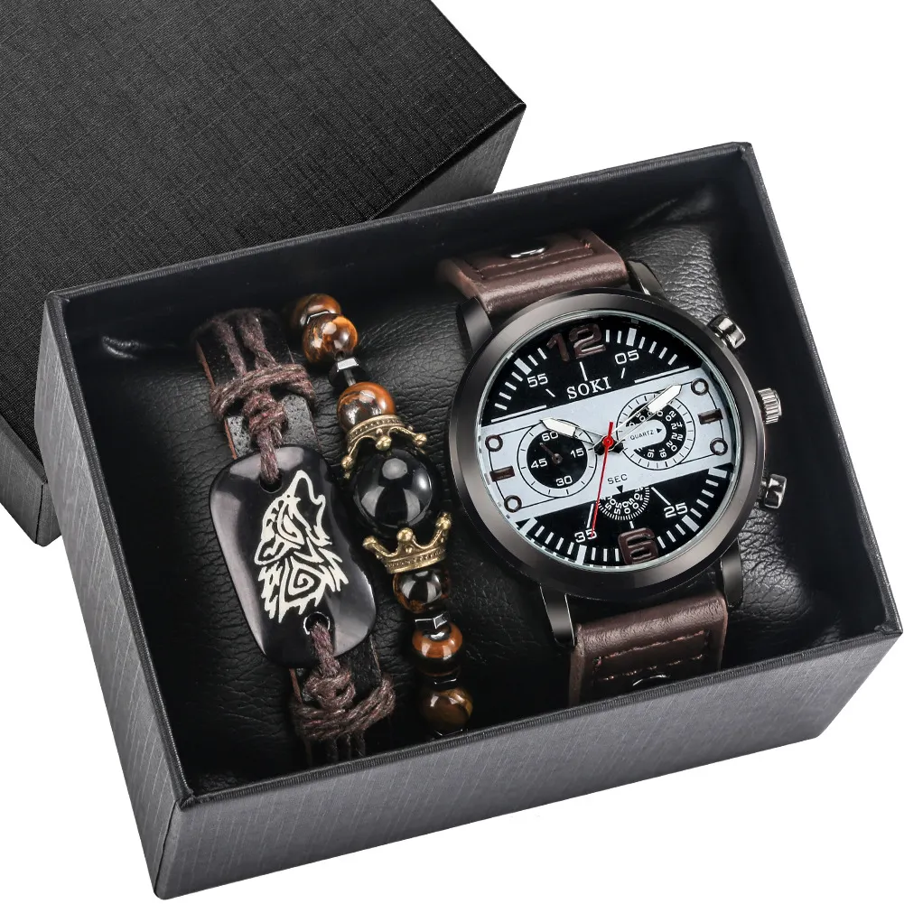 Wrist Watch with Bracelet set Men Quartz Watches for men Leather Strap Luxury Watch Bracelet Gift Set Reloj Hombre jewelry sets