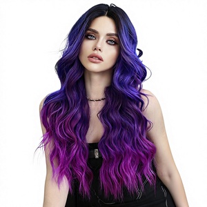 Parrucca riccia a onde medie, piccola, naturale, leggera e traspirante, semi-cucita a mano, in seta sintetica resistente al calore, con sfumatura viola-blu fantasia, per capelli a tutta testa - Product Image 1