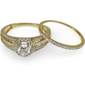 14k Yellow Gold Diamond Halo Bridal <b>Ring</b> Set Round Brilliant Baguette Cut Women's Engagement Wedding Jewelry - Product Image 2