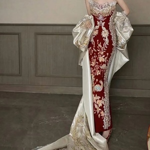 Women's Strapless Chinese Embroidery Wedding Gown - <b>Red</b> Velvet & Satin Train Evening Dresses Fashion - Product Image 2