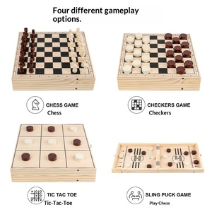 Jeu <span class=keywords><strong>de</strong></span> société pliable en <span class=keywords><strong>bois</strong></span> 4-en-1 pour enfants, comprenant un jeu d'échecs, des dames, Tiddly Winks et Tic-Tac-Toe - Product Image 5