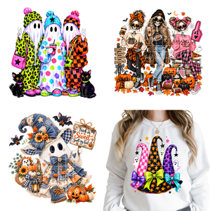 Adesivo Termotrasferibile DTF Lavabile Pronto da Applicare per Felpe con Cappuccio, con Motivi Leopardati, a Quadretti, Fiocchi, Fantasmi, Scheletri, Streghe, Boo e Halloween - Product Image 1