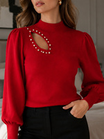 Pull en tricot à col montant pour femme, orné de perles, à manches bouffantes découpées, en tricot doux