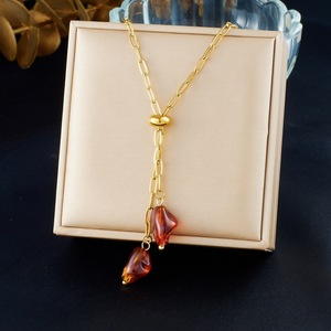 European American Fashion Retro Gold Plated Stainless Steel Geometric Pendant Necklace Brown Tassel Clavicle Chain Daily Party - Product Image 1