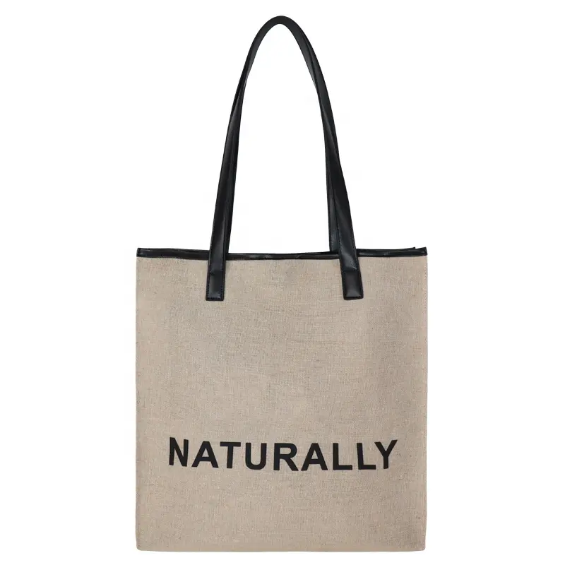 Manufacturer Customized Natural Burlap Jute Bags PU Leather Handle Reusable Grocery Shopping Tote Bag With Detachable Pocket