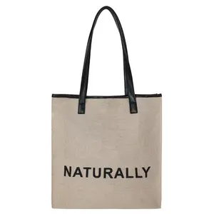 Manufacturer Customized Natural Burlap Jute Bags PU Leather Handle Reusable Grocery Shopping Tote Bag With Detachable Pocket