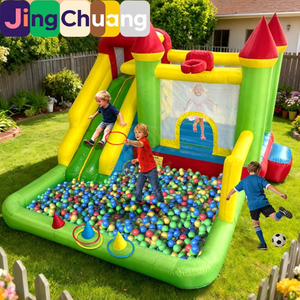 Château gonflable transfrontalier pour enfants avec toboggan, trampoline et piscine à balles, pour intérieur et extérieur, avec ventilateur et anneau de sécurité - Product Image 1