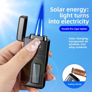 Encendedor de doble chorro directo alimentado por energía <span class=keywords><strong>solar</strong></span> a prueba de viento recargable dos en uno encendedor de cigarrillos de metal obsequios de diseño clásico de moda - Product Image 3