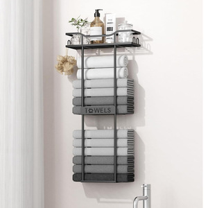 Towel Rack 3 Tier Metal Wall Mounted With Shelves <b>Black</b> Storage Organizer For <b>Bathroom</b> Towels - Product Image 1