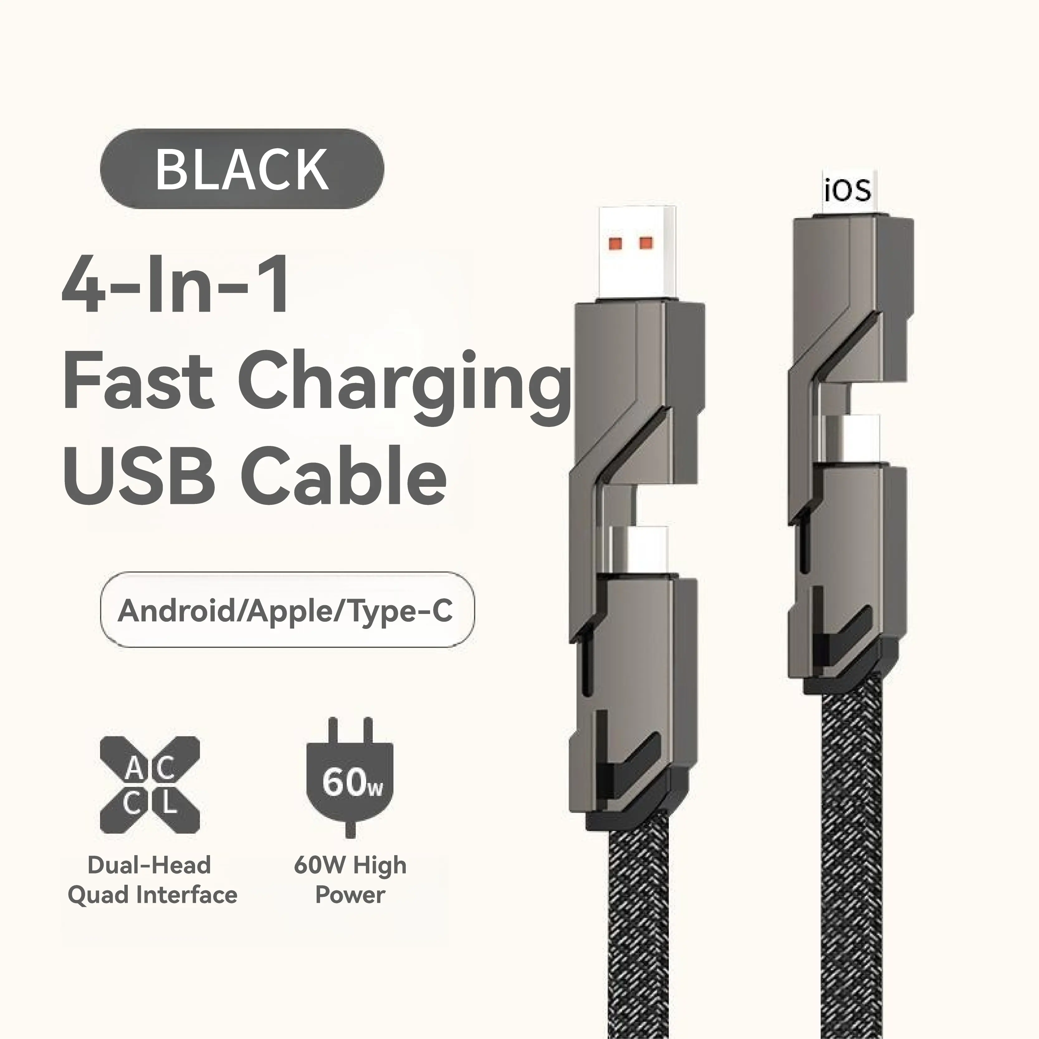 66W Snel Opladen 4-In-1 Gevlochten Datakabel Voor Het Opladen Van Gegevensoverdracht Van Type-C Interface-Apparaten