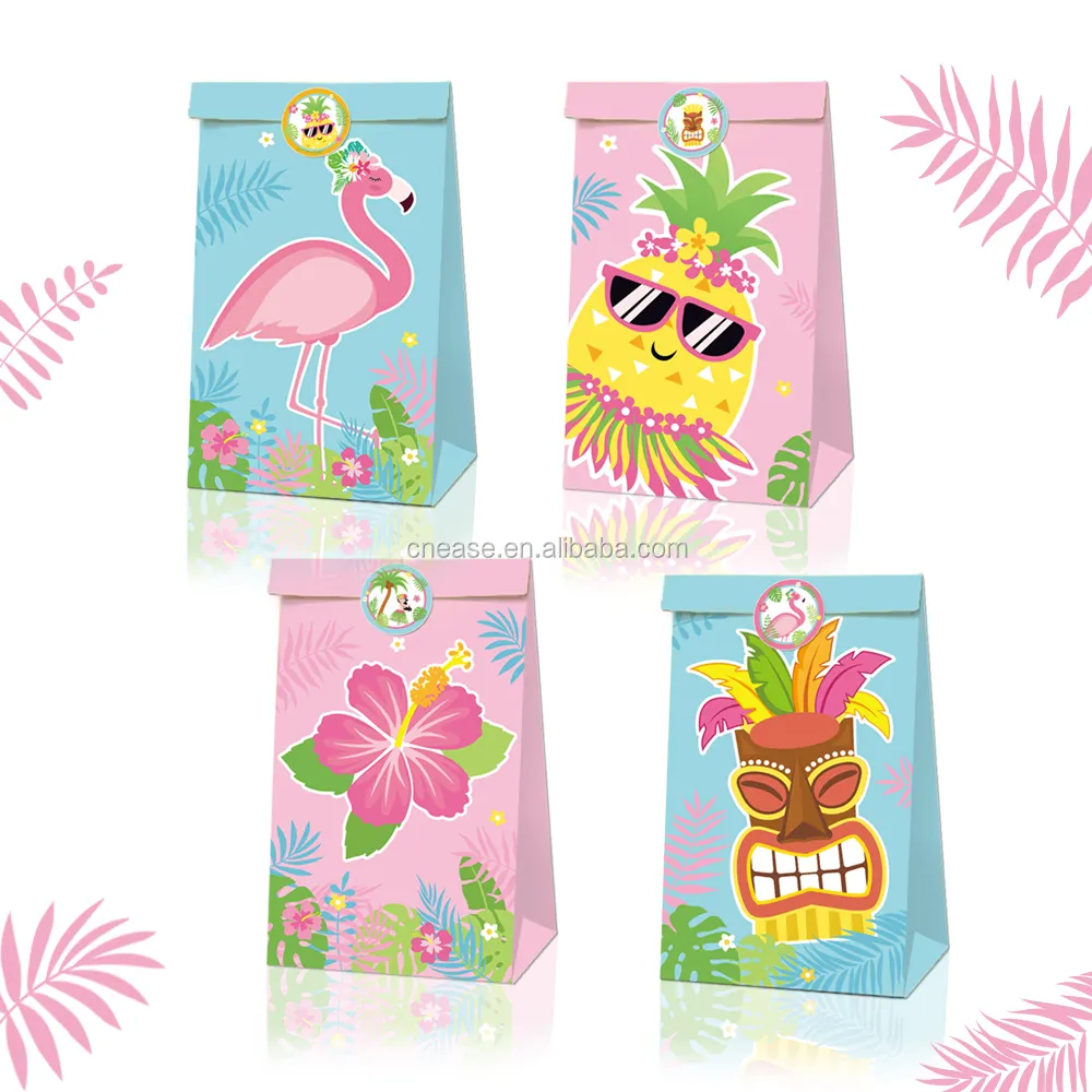 Huancai – sac de cadeaux de fête Luau, sac en papier avec autocollants pour bonbons, fournitures de fête Flamingo, 12 pièces, Hawaii