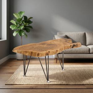 Table de dessin en bois à bord naturel avec pieds en métal type cheveux de cheval, design rustique moderne, assemblage DIY, mobilier de bureau commercial - Product Image 3
