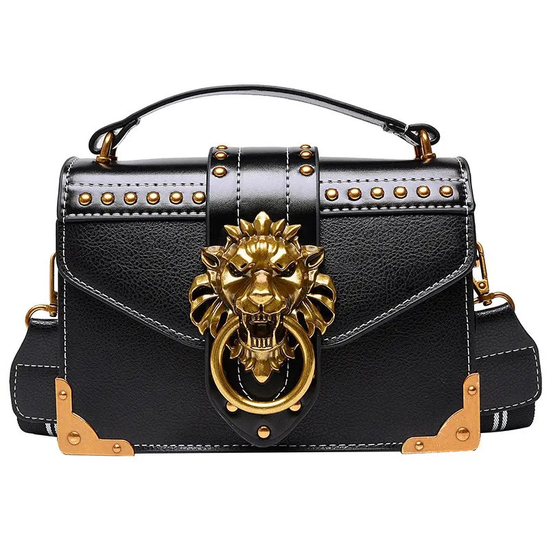 Retro Fashion Lion Head Big Metal Decoration Mini Small Square Pack Shoulder Bag Pu Women's Messenger Bag Simple Rivet Handbag