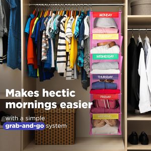 Hanging Clothes Organizer 6 <b>Shelf</b> Labeled Days Of Week Closet Storage For Kids Bedroom Non Woven Fabric <b>Hook</b> Type - Product Image 6