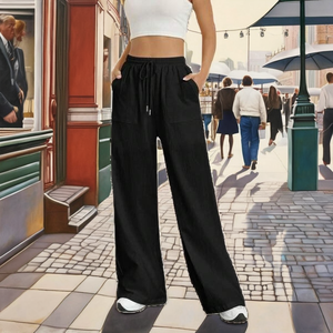 Pantalon droit taille mi-haute élastique à cordon de serrage pour femme – Styles extensibles confortables et sexy, personnalisables en gros pour l'été - Product Image 2