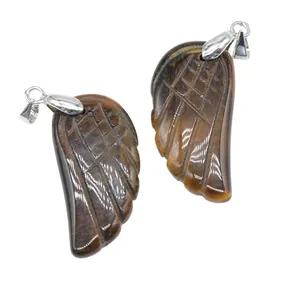 Natural Tiger Eye Wing Shape Pendant with Card Healing Reiki Gem Necklace Ornaments Balanced Pacification Hand Carving Jewelry