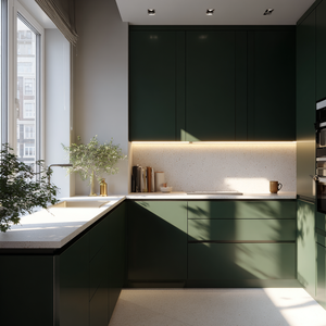 Service de meubles de <span class=keywords><strong>cuisine</strong></span> de luxe à guichet unique Armoires modernes vert foncé mat avec dessus en marbre et accent <span class=keywords><strong>LED</strong></span> pour la maison d'hôtel - Product Image 5