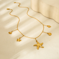 Collar de Estrella de la Serie Océano, Joyería Impermeable, Chapado en Oro de 18K, Cadena de Acero Inoxidable con Eslabones de Pez, Colgantes de Concha y Estrella de Mar