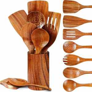 Gift 9-Piece Natural Teak Wood <b>Kitchen</b> Utensil Set Spoon Rest Holder Spatula Salad Fork Wooden Spoon-Dishwasher Safe - Product Image 1