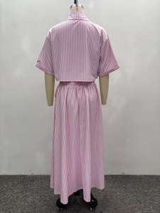 GX7189 Fashion 2025 Pakaian Wanita Vendor Busana Musim Panas Street Wear Atasan Lengan Pendek Bergaris dan Rok Maxi Set 2 Potong - Product Image 6