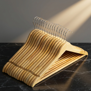 Cintres en bois écologiques et durables en gros, finition laquée, avec crochet en acier inoxydable |   Logo personnalisé |   Salle de bain à un seul niveau - Product Image 1