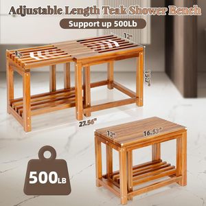 Tabouret de douche en teck avec étagère de rangement 41x28x38,4 cm, meuble de salle de bain imperméable et antidérapant - Product Image 2