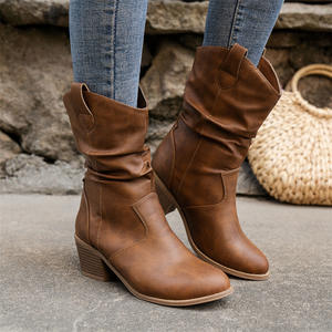 Bottes de cowboy occidentales mi-mollet pour femme, style européen et américain, à volants, à enfiler, à talon bas, chaussures tendance 2026 - Product Image 2